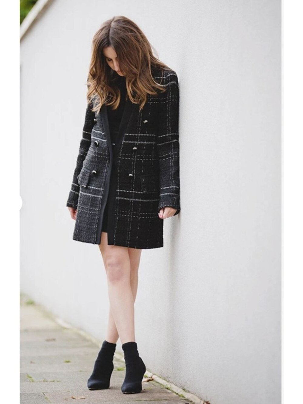 Zara Structured Oversized Plaid Tweed Coat Textured Mini Dress Black Small